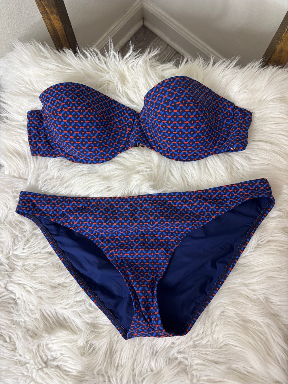 Tory Burch Blue Bandeau Bikini with Red Geo Print Size M